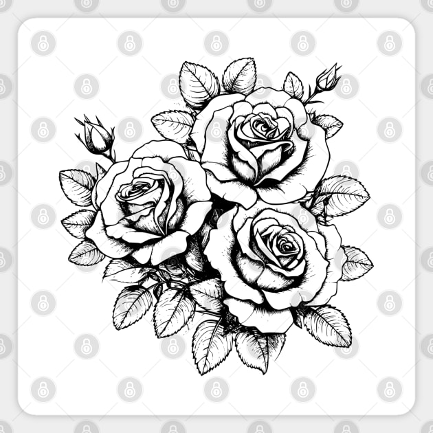 Rose Flowers Black and White Illustration Magnet by Biophilia